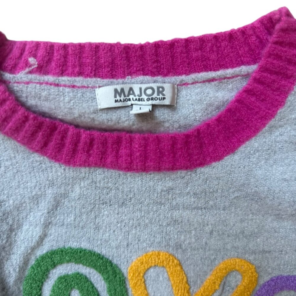Major Label Group LOVE Sweater Women’s L Gray Pink Trim Pullover - Picture 4 of 7